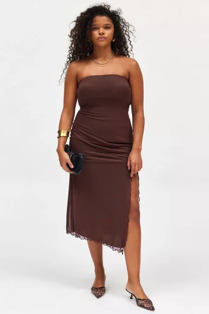 UO Samara Mesh Strapless Midi Dress - Brown