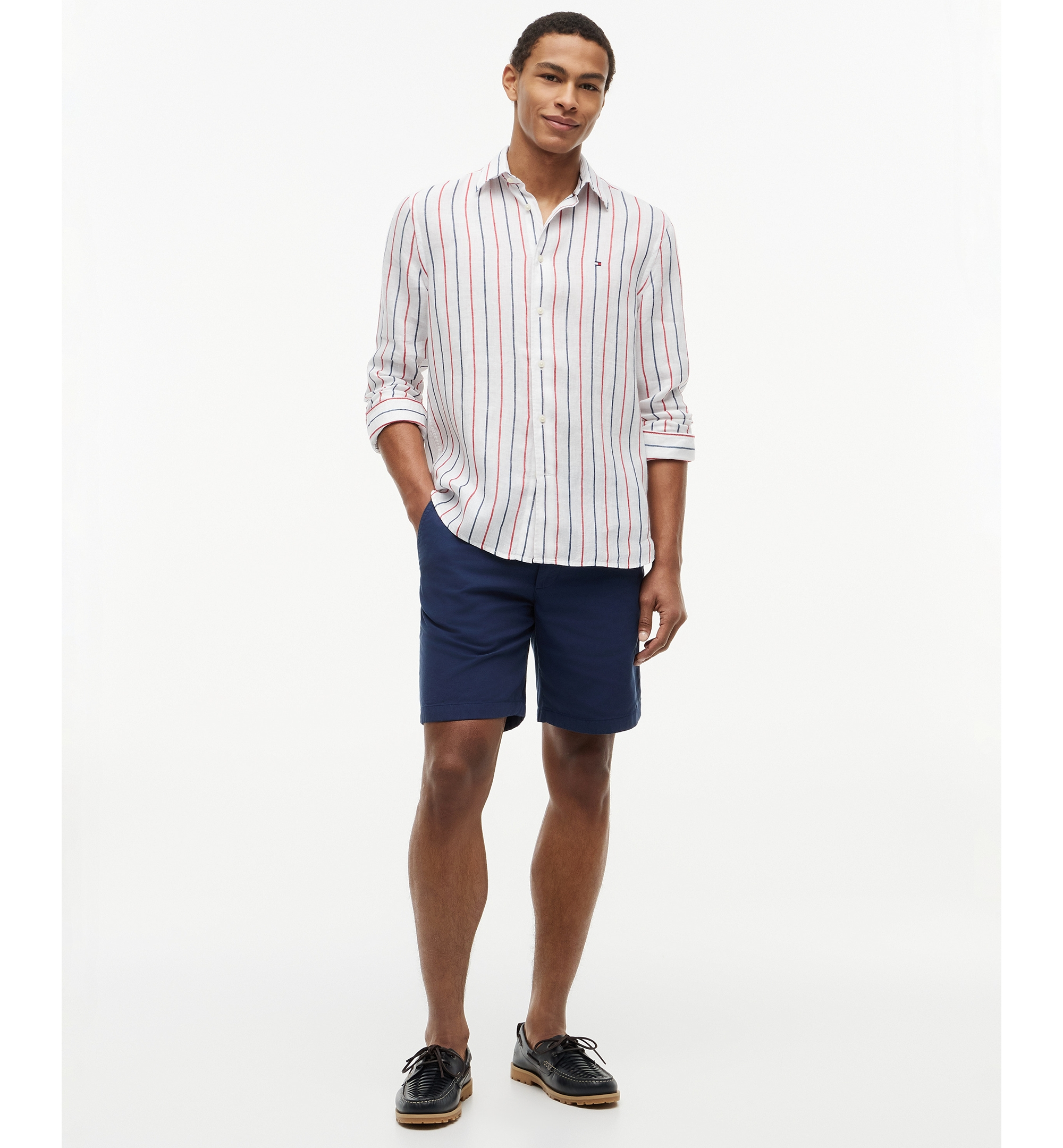 Tommy Hilfiger Men's Linen Textured Stripe Shirt - Medium Red / Stripe