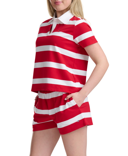 Tommy Hilfiger Women's Rugby Short-Sleeve Polo Top and Boxer Shorts, 2-Piece Set - Tango Red