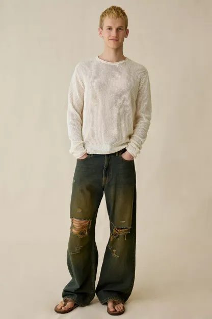 UO Mason Mesh Crew Neck Sweater - Ivory