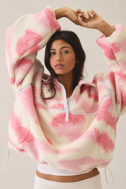 Out From Under Pretty Plush Fleece Quarter Zip Pullover - Pink Tiger