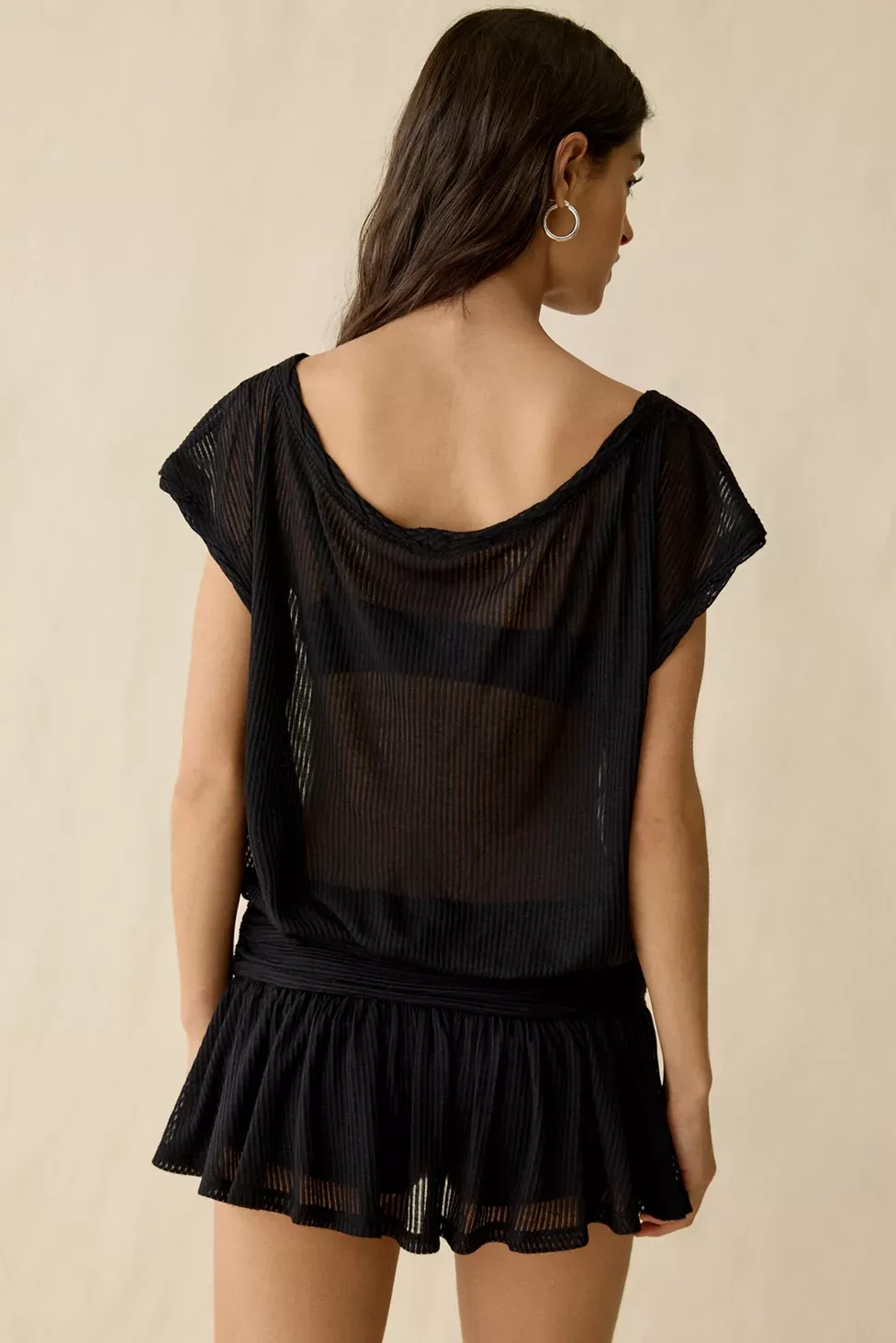 Out From Under Aruba Sheer Mesh Off-Shoulder Romper - Black