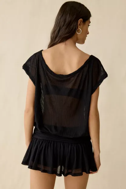 Out From Under Aruba Sheer Mesh Off-Shoulder Romper - Black