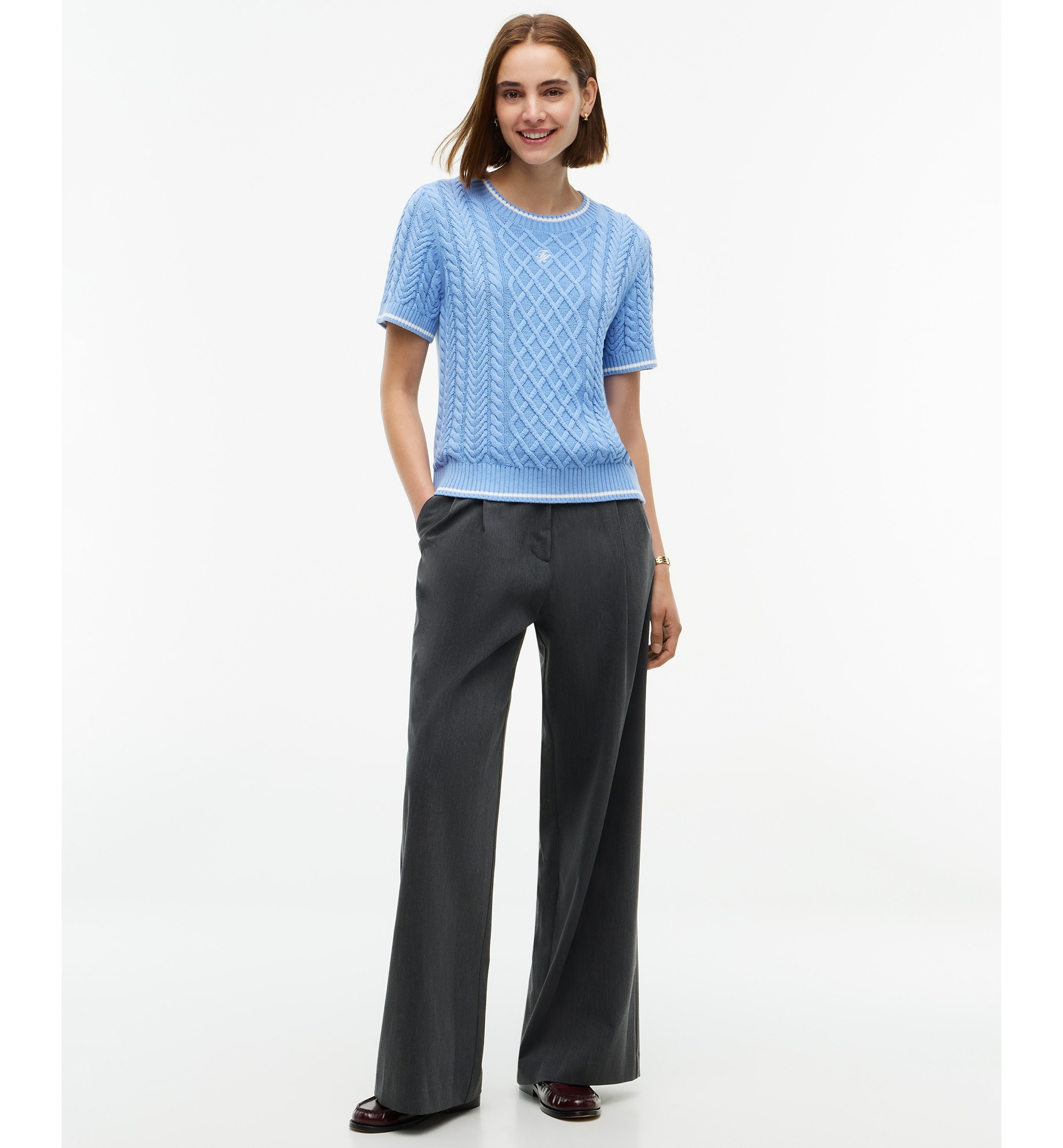 Tommy Hilfiger Women's Heritage Cable-Knit Short-Sleeve Sweater - Cloudy Blue
