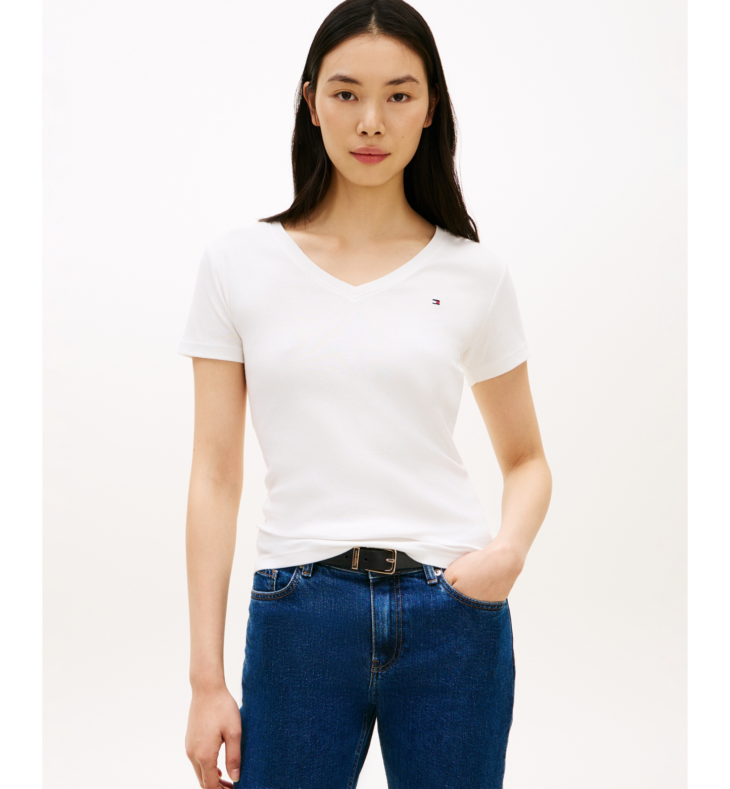 Tommy Hilfiger Women's Rib Slim V-Neck Short-Sleeve T-Shirt - Ecru