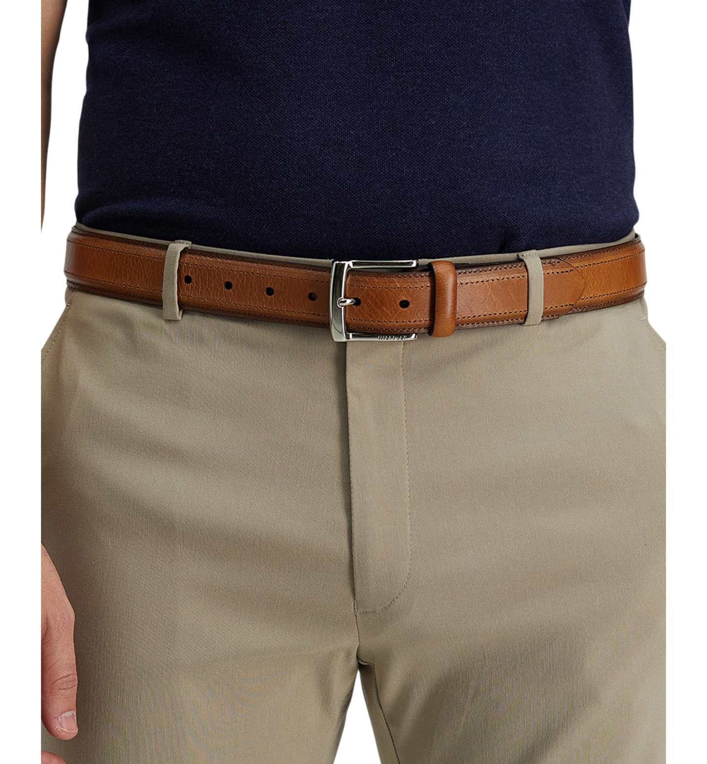 35MM Tommy Hilfiger Men’s Stitched Classic Dress Leather Belt - Cognac