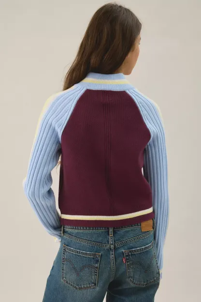BDG Ruby Ribbed Knit Mockneck Zip-Up Cardigan - Red Multi