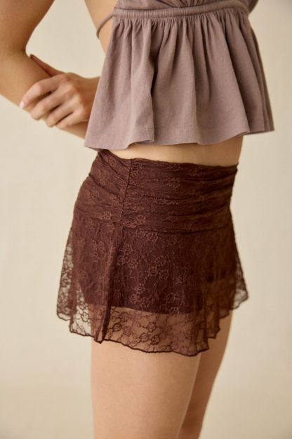 Kimchi Blue Josephina Sheer Lace Micro Mini Skort - Chocolate