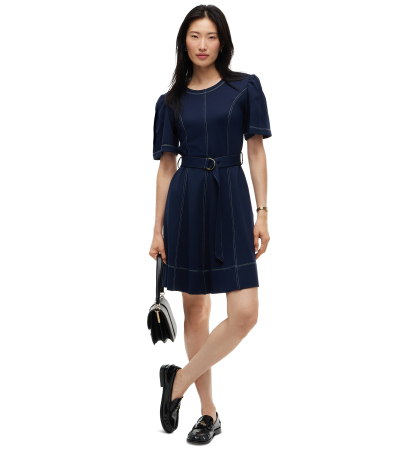 Tommy Hilfiger Women's Top Stitch Ponte Short-Sleeve Crewneck Mini Dress - Dark Blue