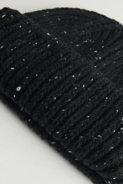 Marled Wool-Blend Short Roll Ribbed Knit Beanie - Black