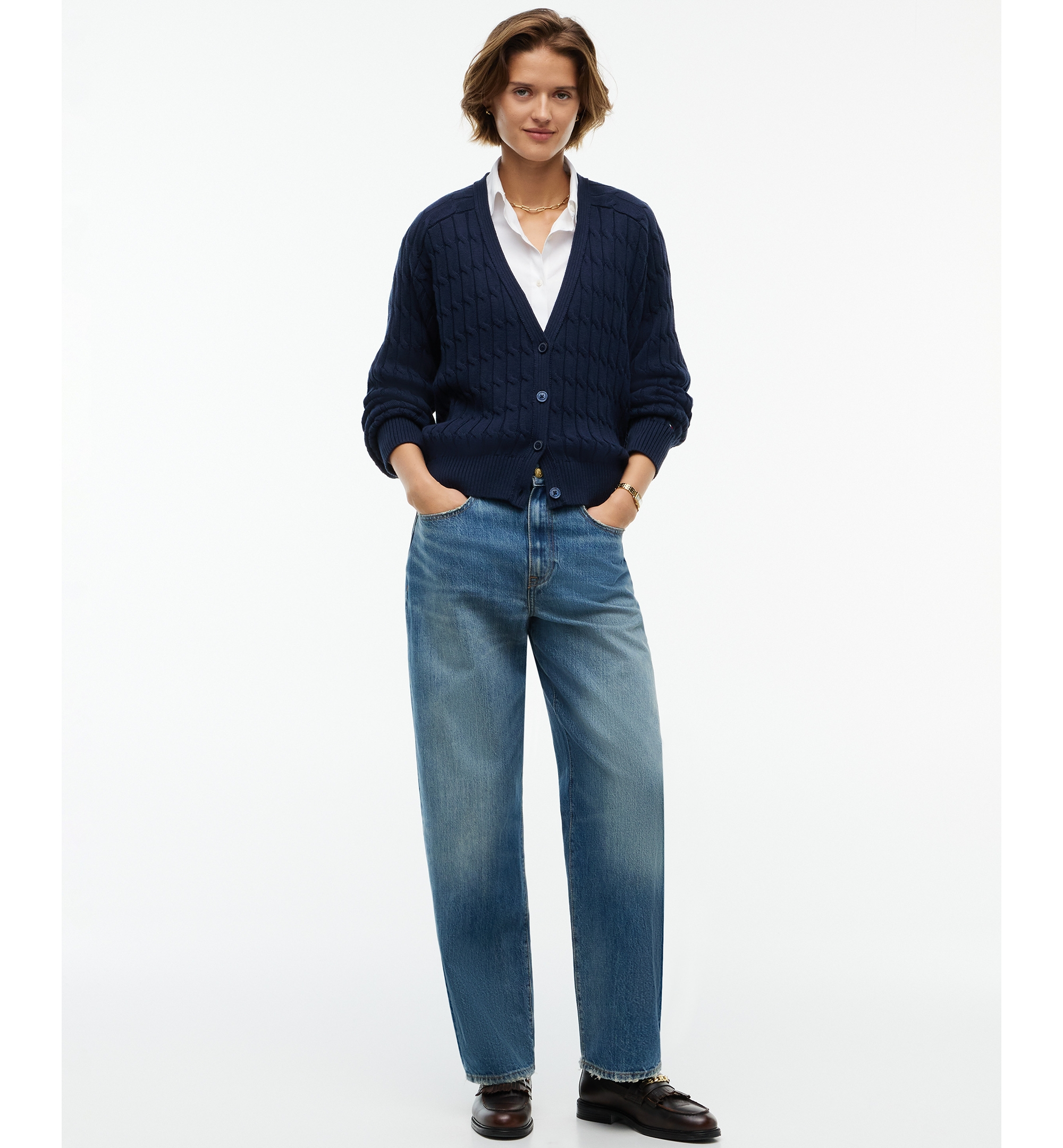 Tommy Hilfiger Women's Oversized Cable-Knit V-Neck Cardigan - Dark Blue