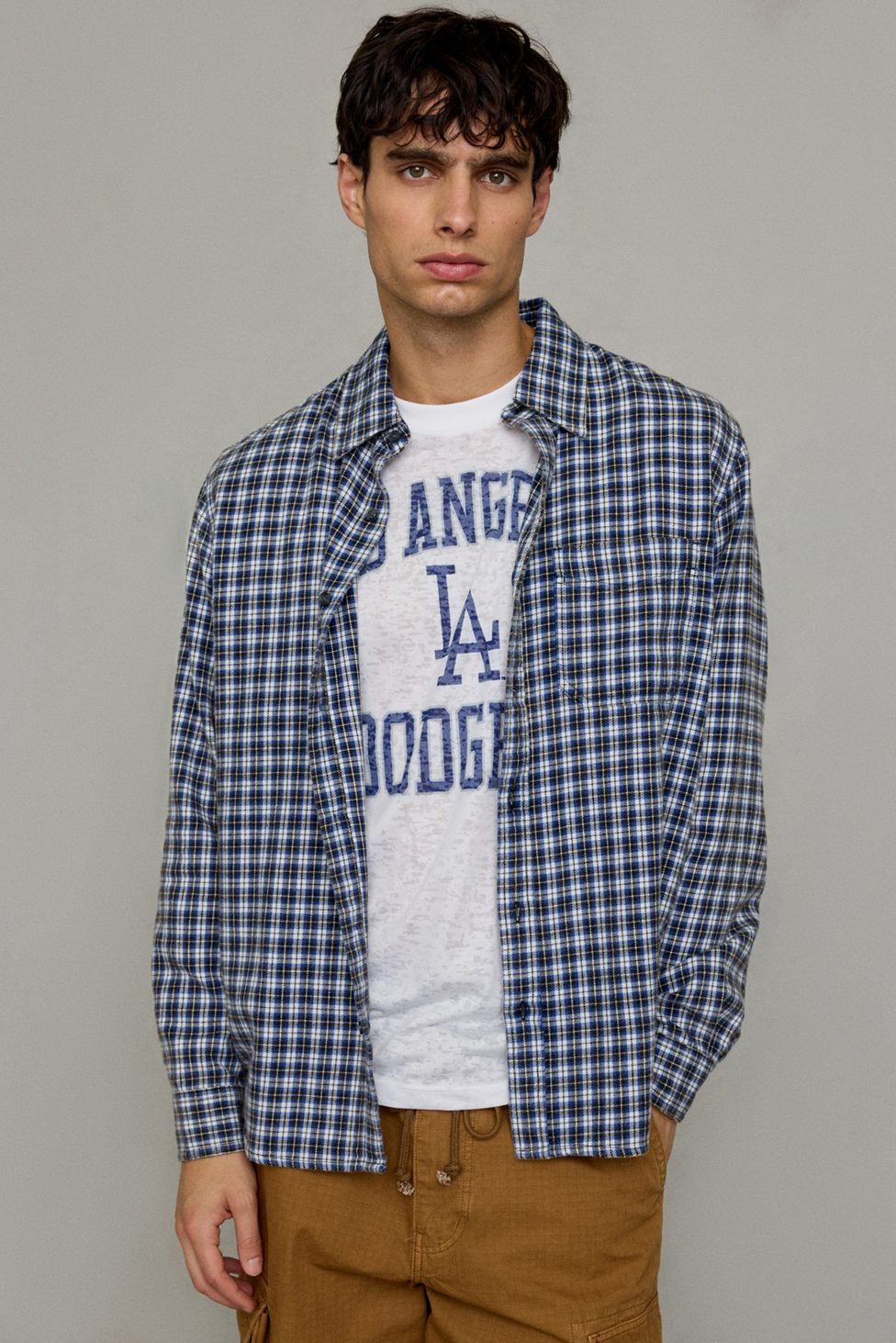 BDG Baggy Flannel Long Sleeve Shirt - Navy
