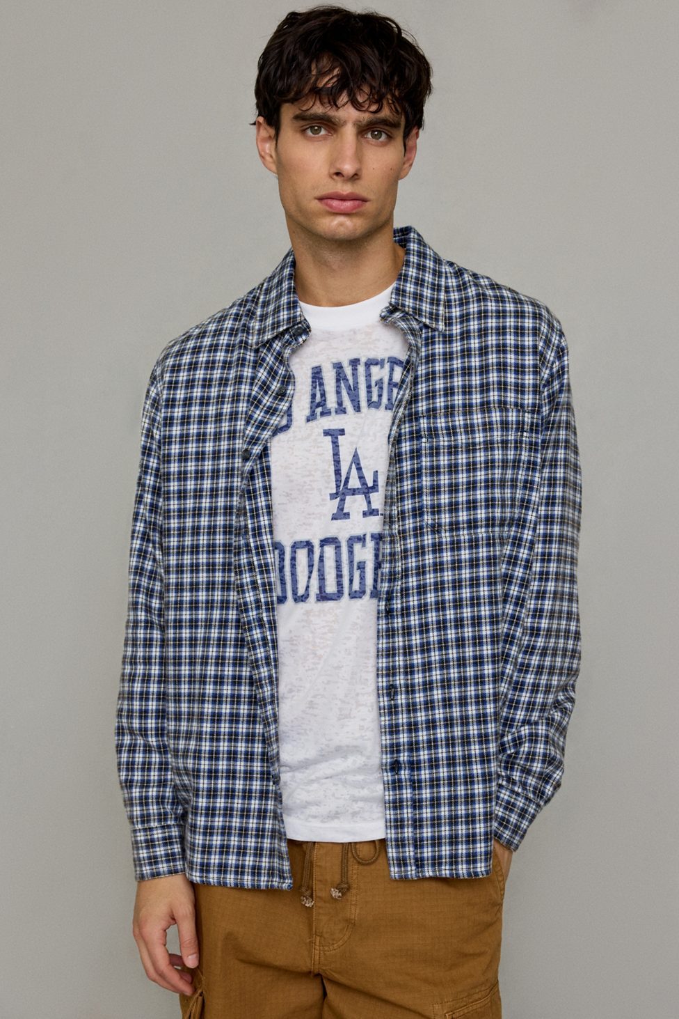 BDG Baggy Flannel Long Sleeve Shirt - Navy
