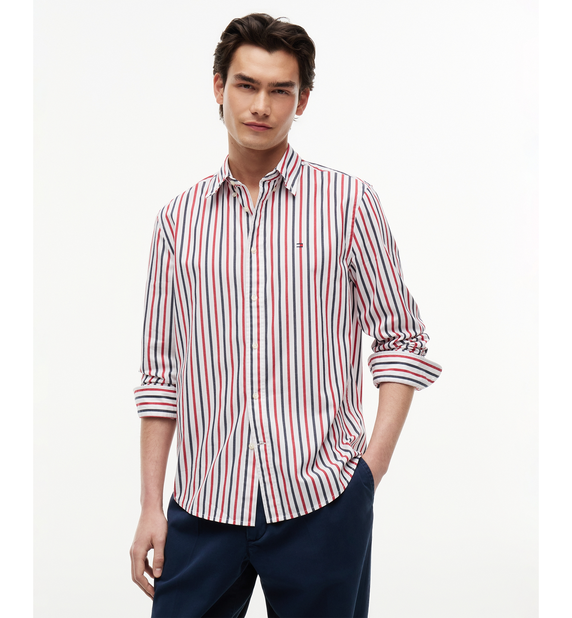 Tommy Hilfiger Regular-Fit Men's Flex Poplin Stripe Shirt - Medium Red / Multistripe