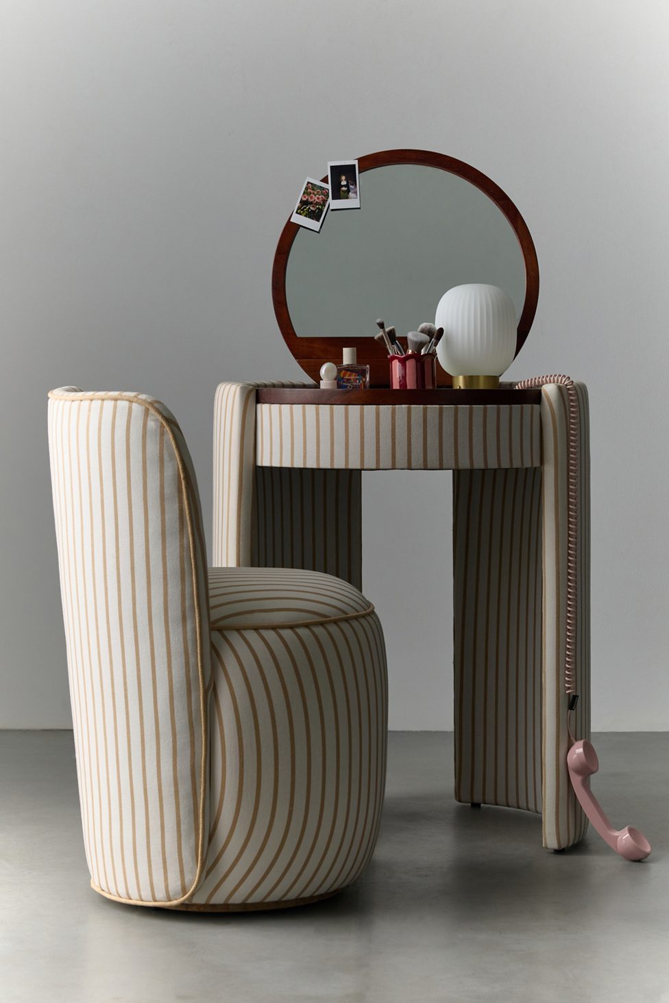 Jane Upholstered Vanity & Stool Set - Tan Pinstripe