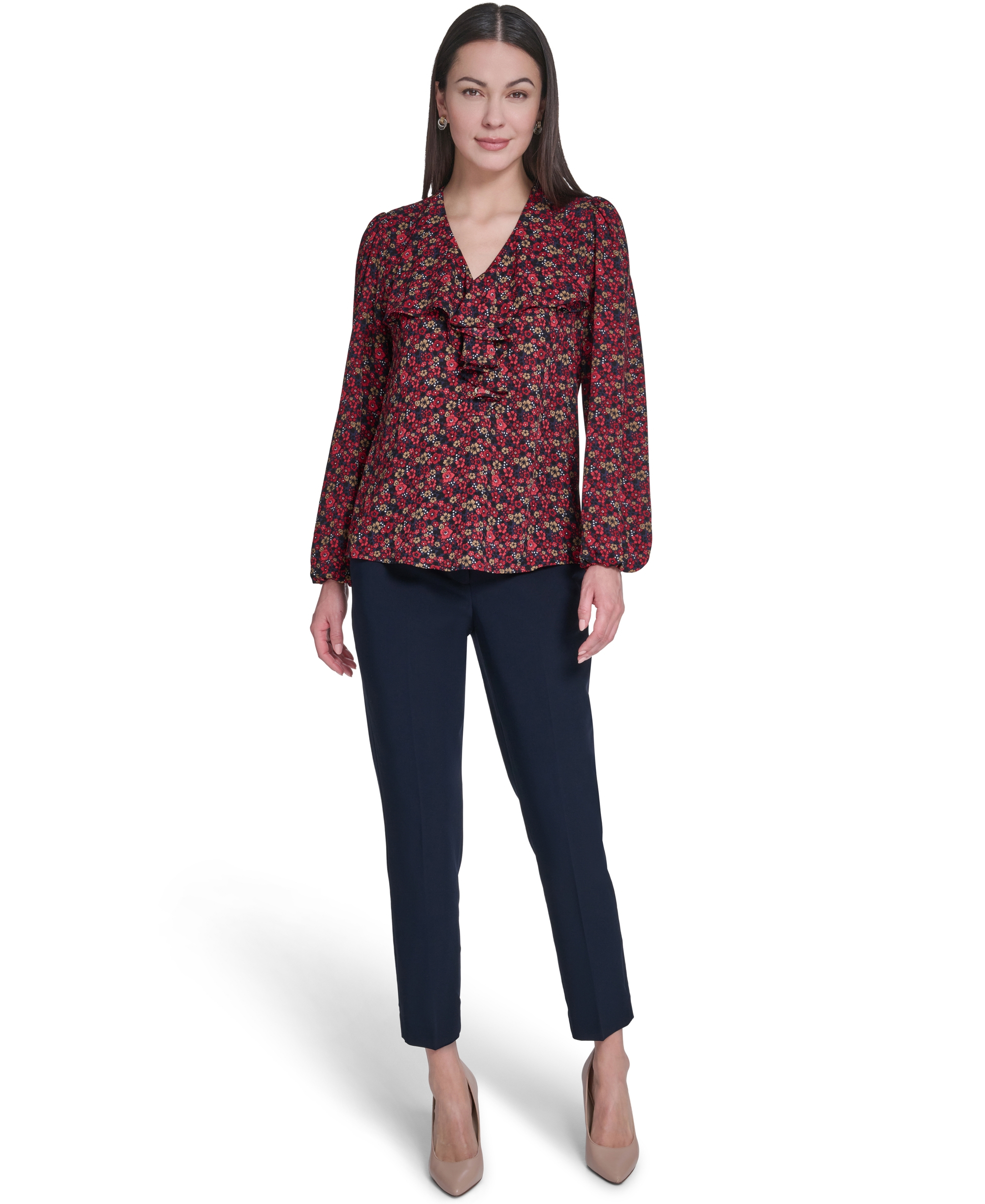 Tommy Hilfiger Women's V-Neck Ruffle Pull-On Blouse - Midnight/Charcoal