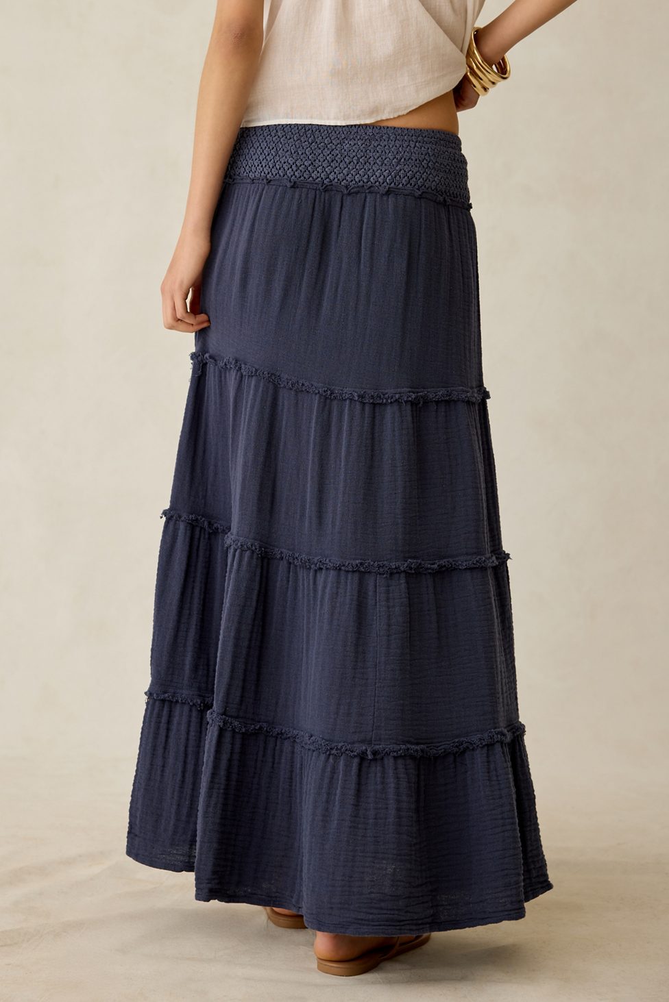 Kimchi Blue On My Mind Smocked Waist Tiered Maxi Skirt - Navy