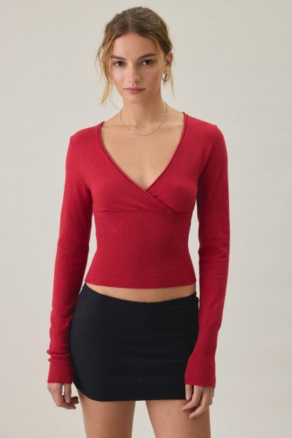 BDG Pretty Sweet Surplice V-Neck Sweater - Red