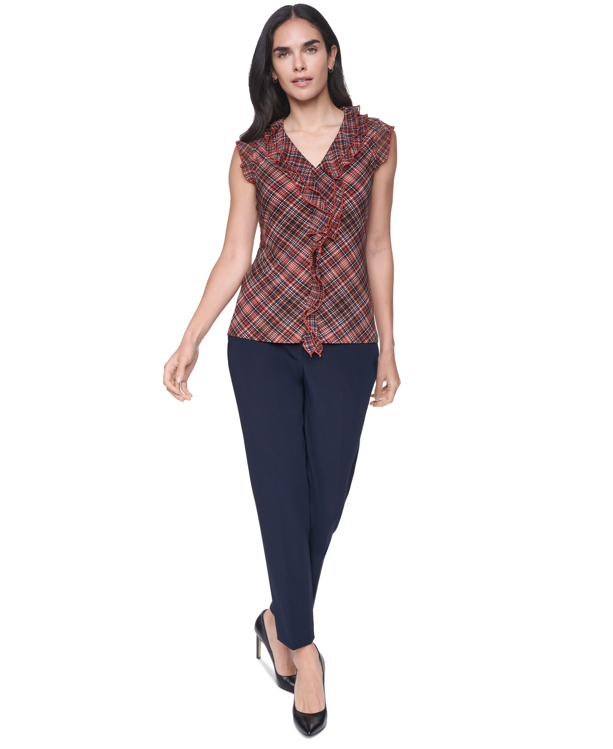 Tommy Hilfiger Women's V-Neck Plaid Ruffle Sleeveless Blouse - Paprika Multi