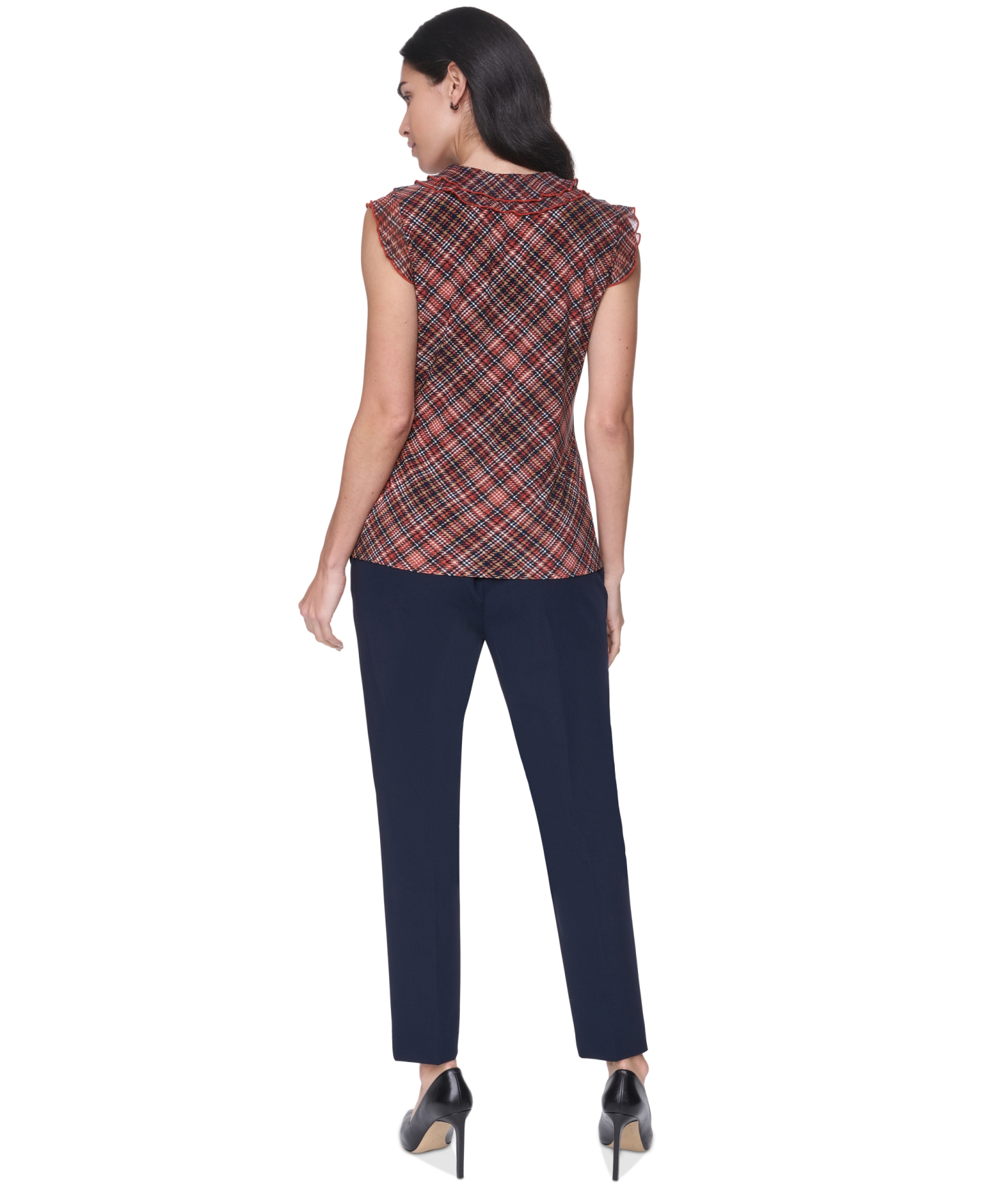 Tommy Hilfiger Women's V-Neck Plaid Ruffle Sleeveless Blouse - Paprika Multi