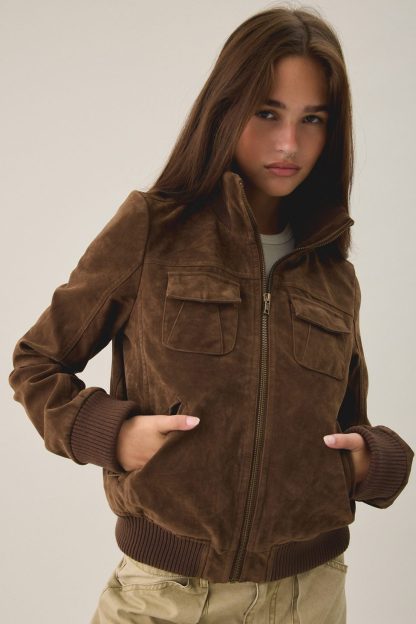 BDG Romy Faux Suede Bomber Jacket - Brown