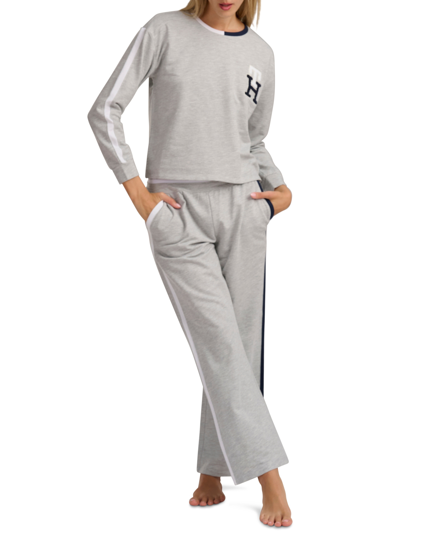 Tommy Hilfiger Women's Long-Sleeve Wide-Leg Pullover and Long Pants, 2-Piece Set - Heather Gray
