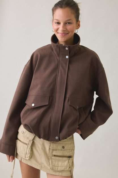 UO Harper Funnel Neck Bomber Jacket - Brown