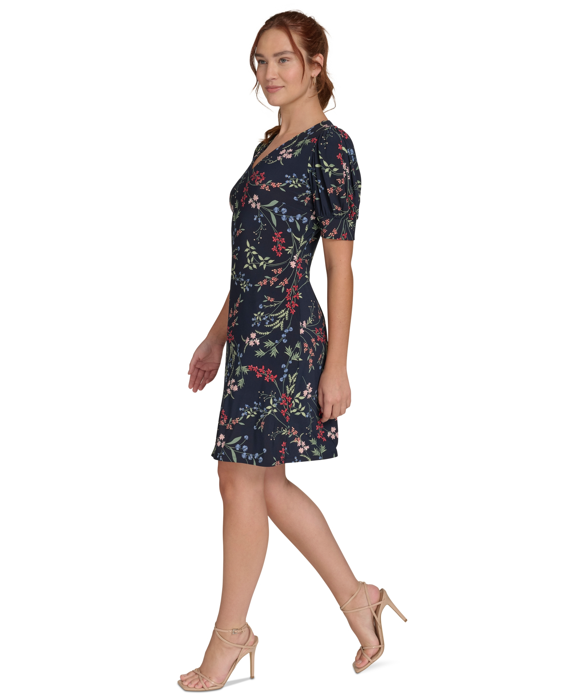 Tommy Hilfiger Women's Puffed-Sleeve Floral Shift Dress - Sky Captain Bloom
