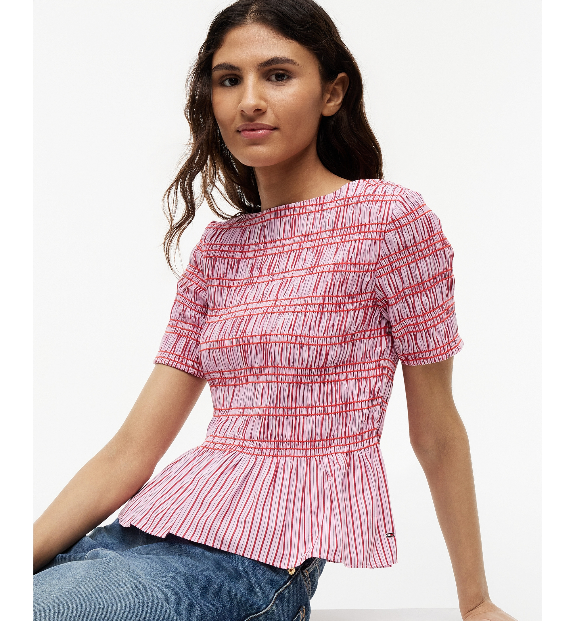 Tommy Hilfiger Women's Smocking Striped Boat Neck Cotton Top - Pink Multi Stripe