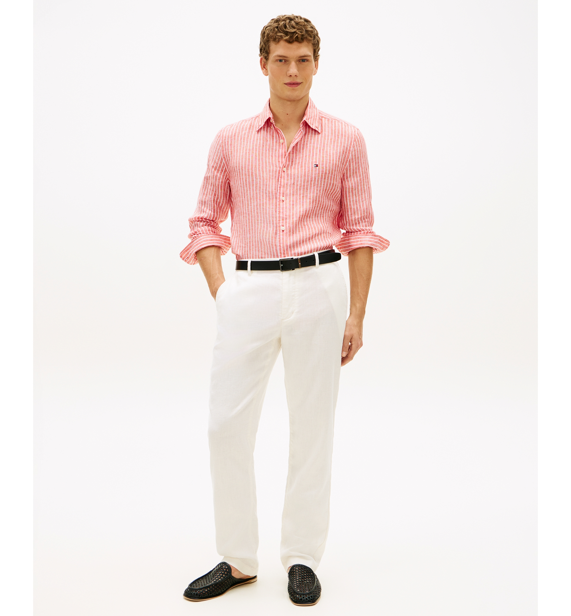 Tommy Hilfiger Men's 100% Linen Bengal Stripe Shirt - Orange Flash