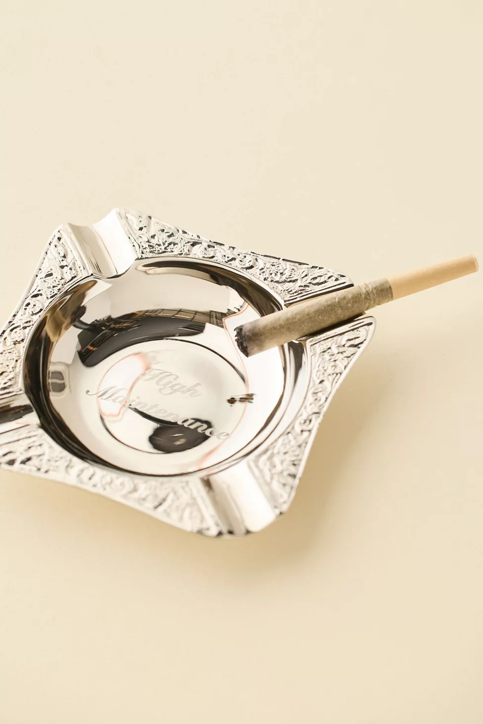 Ornate Etched Brass Ashtray - Silver