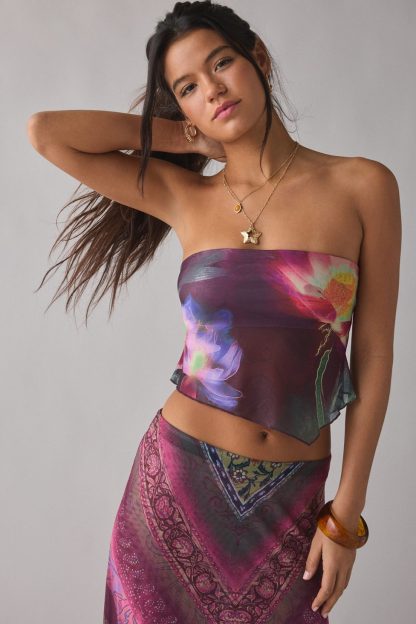 UO Shimmer Haze Printed Mesh Skirt 2-Piece Set - Purple