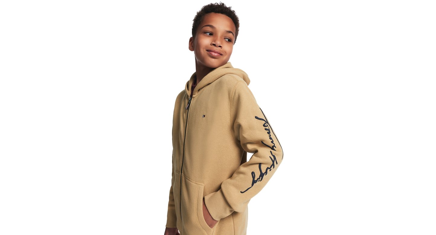 Tommy Hilfiger Boys' 8-20 Signature Full Zip Kangaroo-Pocket Cotton-Polyester Blend Zip Hoodie - Incense