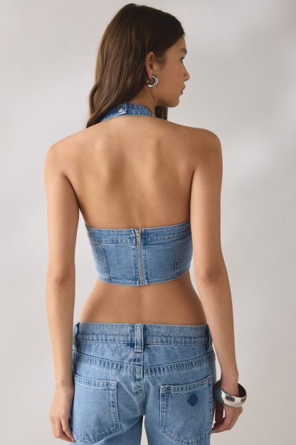 UO Got Away O-Ring Halter Neck Cropped Vest - Vintage Denim Medium