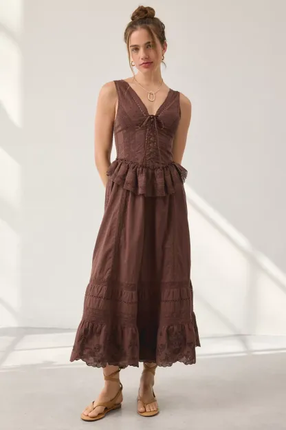 UO Perfectly Victorian Lace Trim Corset Midi Dress - Brown