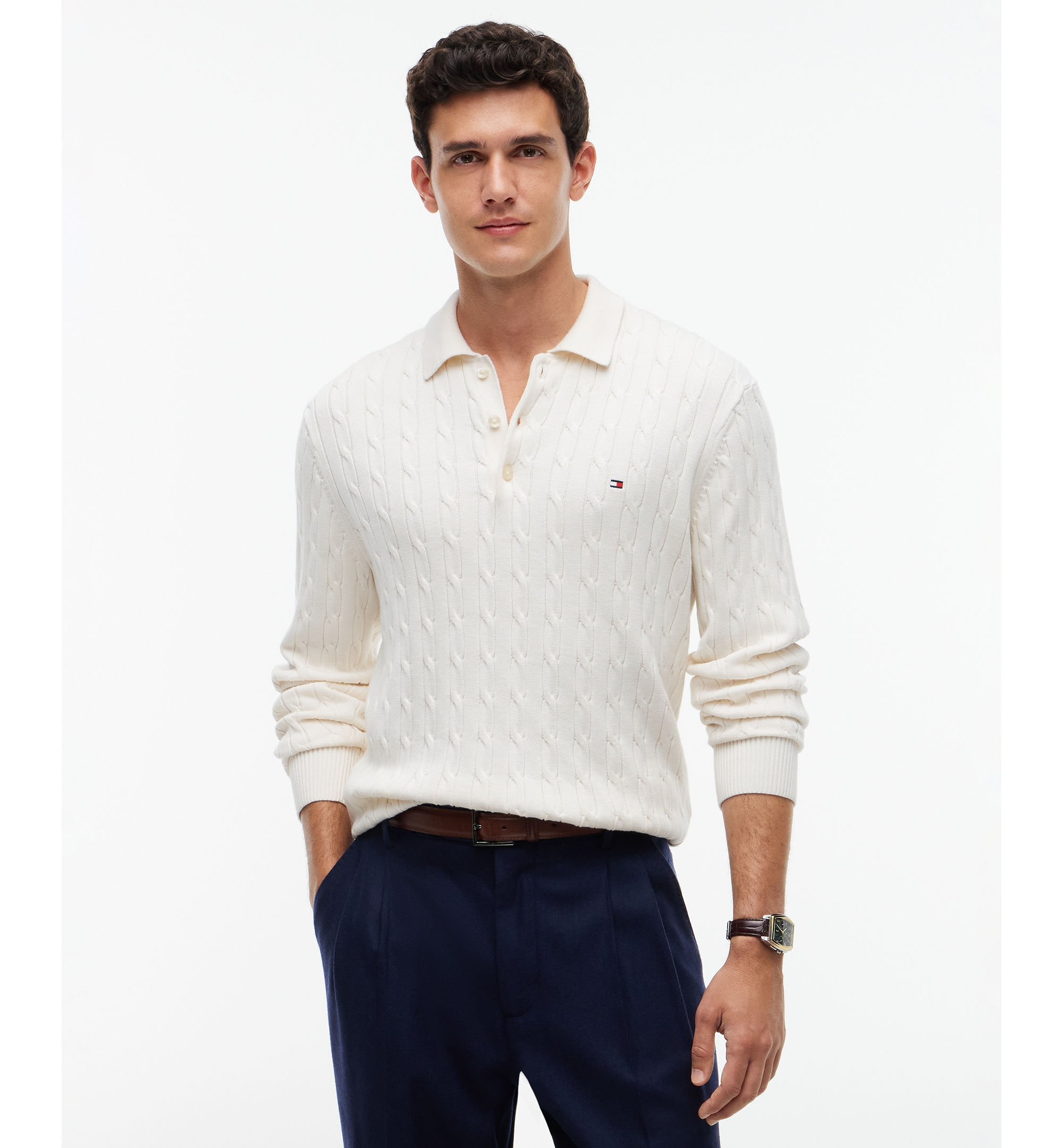 Tommy Hilfiger Men's Classic Cotton Cable-Knit Regular-Fit Sweater Polo - Ivory Petal