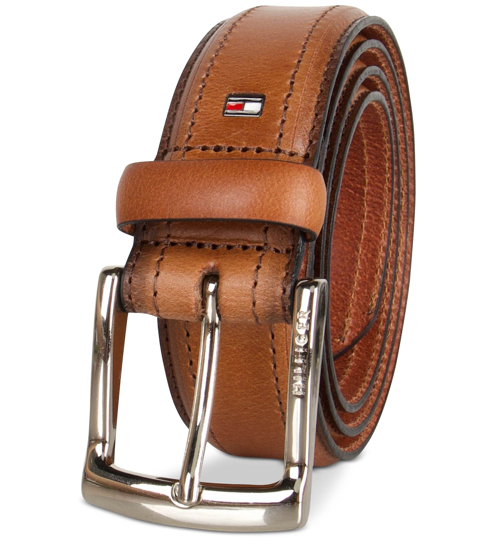 35MM Tommy Hilfiger Men’s Stitched Classic Dress Leather Belt - Cognac