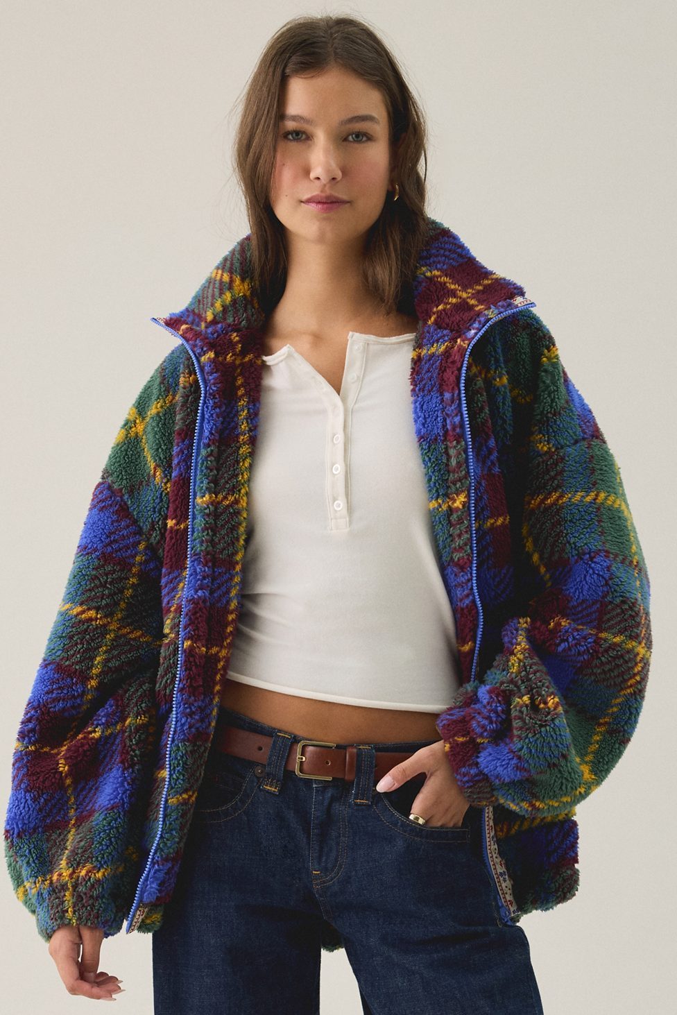 BDG Mae Printed Piled Fleece Zip-Up Jacket - Green Multi