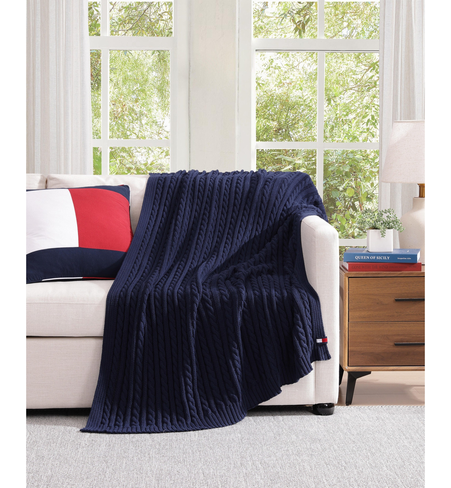Tommy Hilfiger Solid Cotton Cable Knit Throw, 70" x 50" - Dark Blue