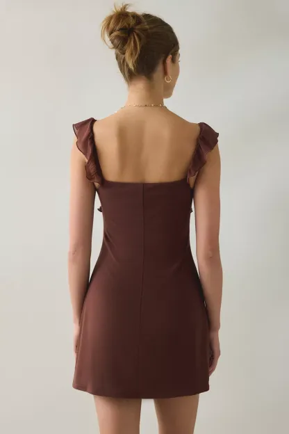 UO Nina Ruffle Trim Mesh Mini Dress - Brown