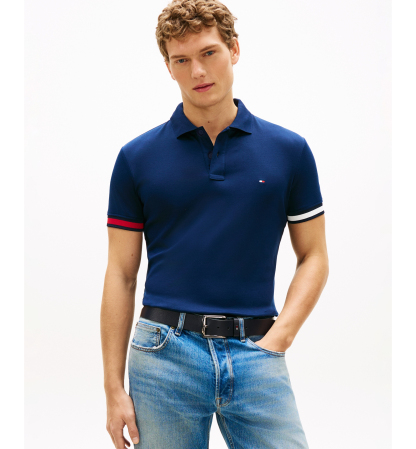 Tommy Hilfiger Men's Slim-Fit Smooth Touch Red, White, and Blue Cuff Polo Shirt - Carbon Navy