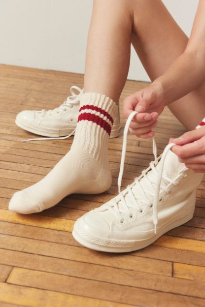 Athletic Striped Scrunch Crew Socks - Cream + Red Stripe