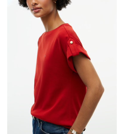 Tommy Hilfiger Women's Breton-Stripe Boat-Neck Gold-Tone Button T-Shirt - Dark Magma
