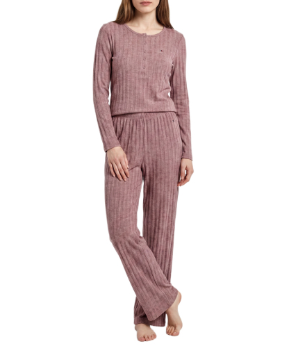 Tommy Hilfiger Women's Long-Sleeve Wide-Leg Cable-Jacquard Henley Top and Pant, 2-Piece Pajama Set - Rose Brown