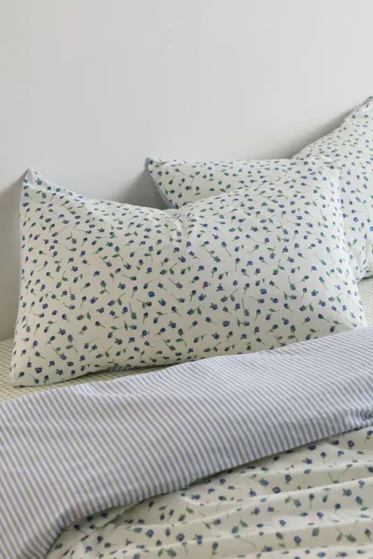 Maise Floral Patterned Reversible Sham Set - Blue Flora/Stripe