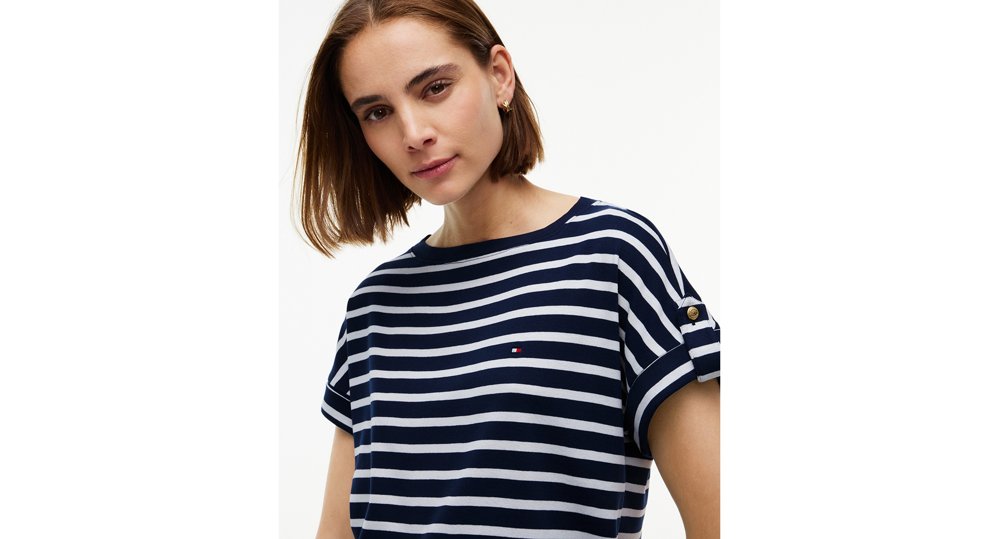 Tommy Hilfiger Women's Breton-Stripe Boat-Neck Gold-Tone Button T-Shirt - Breton Stp Dark Blue Ecru