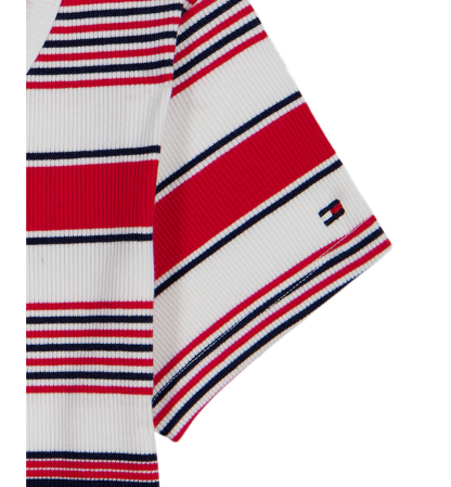 Tommy Hilfiger Girls' 7-16 Striped Ribbed Short-Sleeve Top - White/Navy/Red