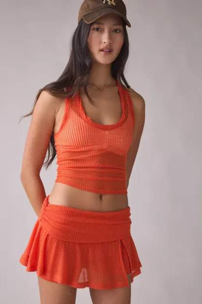 Out From Under Free Spirit Sheer Ribbed Foldover Mini Skort - Orange