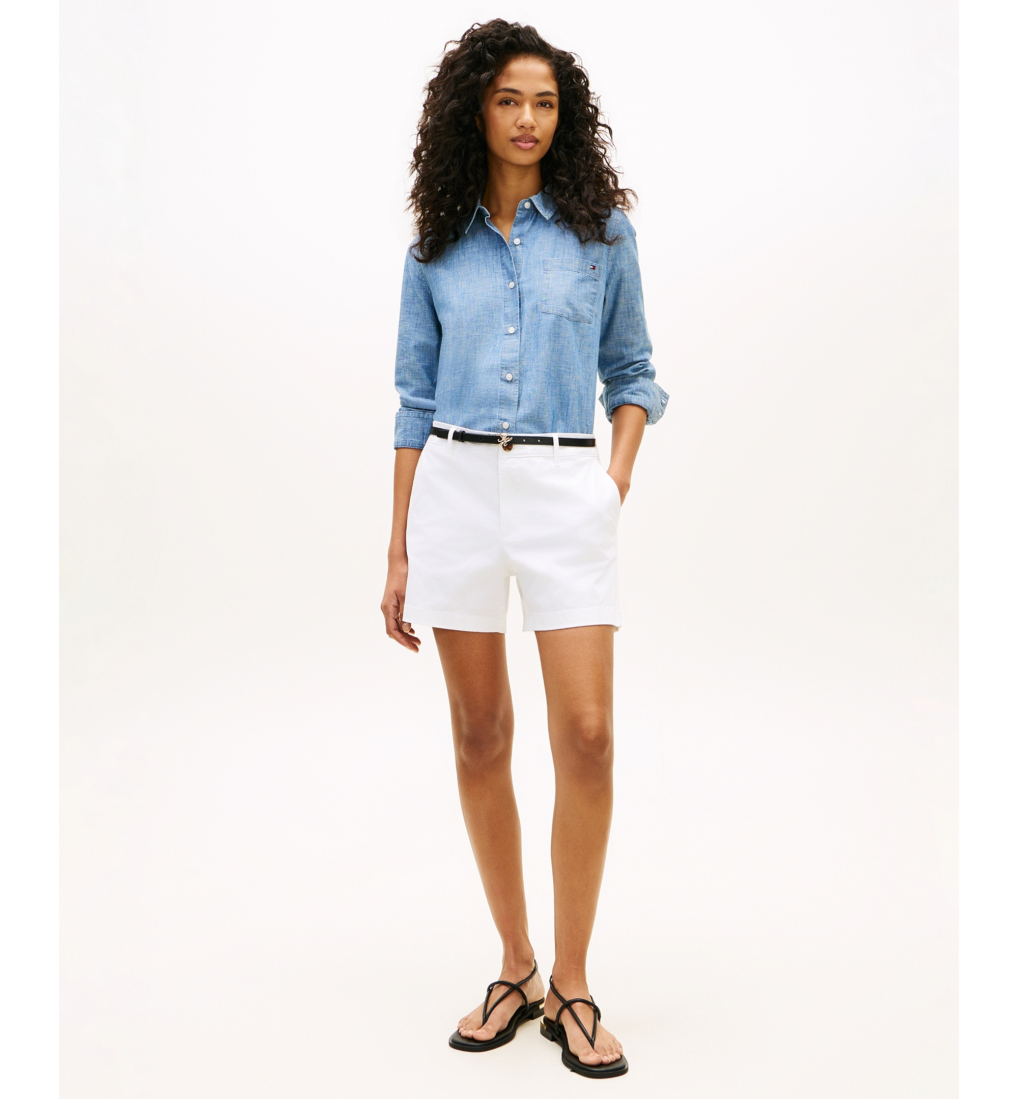 Tommy Hilfiger Women's Chambray Roll-Tab Long-Sleeve Shirt - Mid Blue