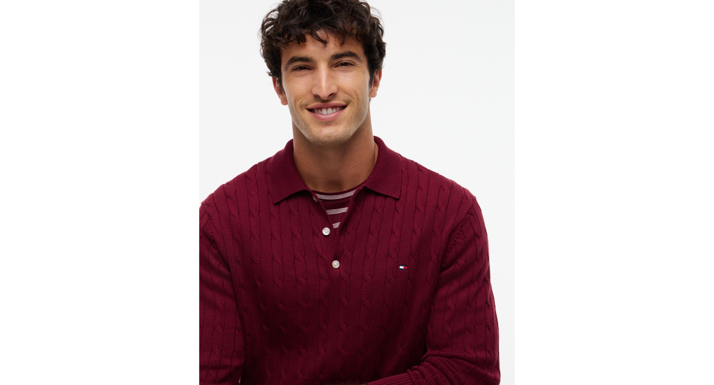 Tommy Hilfiger Men's Classic Cotton Cable-Knit Regular-Fit Sweater Polo - Burgundy